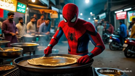 Spider-Man Cooks Paratha in Pakistani Night Market – AI Generated Video | Hailuo AI
