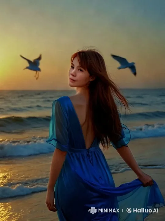 Woman in Blue Dress Walks into Sunset Sea – AI Generated Video | Hailuo AI