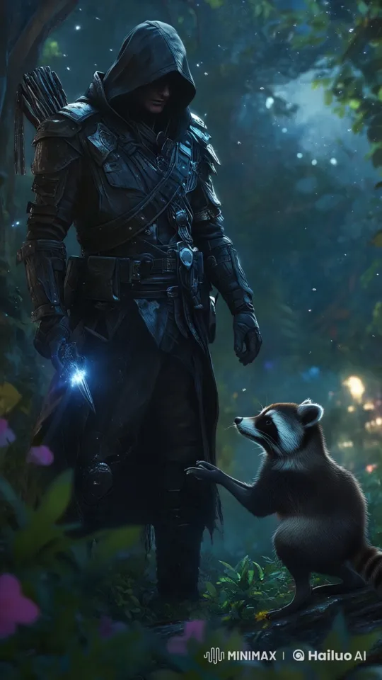 Mystical Forest: Assassin and Raccoon's Enchanted Encounter – AI Generated Video | Hailuo AI