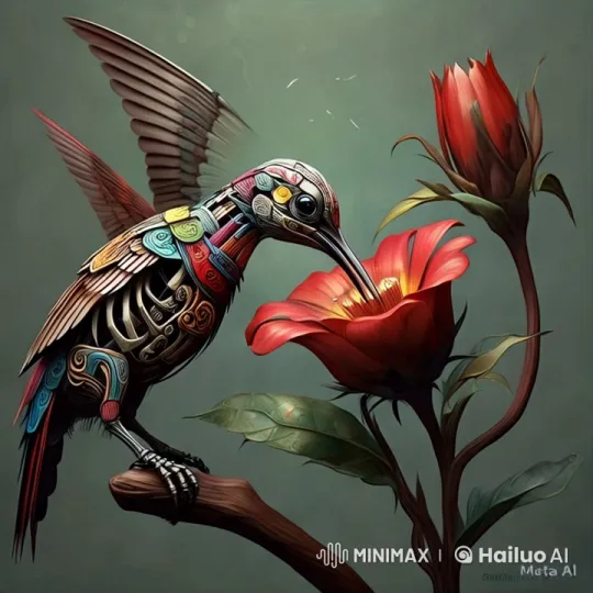 Hyperrealistic Hummingbird Drinks Nectar in Aztec-Cubist Fusion – AI Generated Video | Hailuo AI