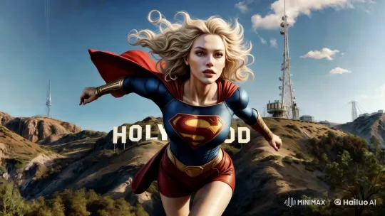 Supergirl's Graceful Flight Around Hollywood Sign – AI Generated Video | Hailuo AI