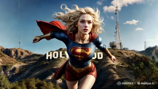 Supergirl Flies Over Hollywood in Vibrant Aesthetic Scene – AI Generated Video | Hailuo AI