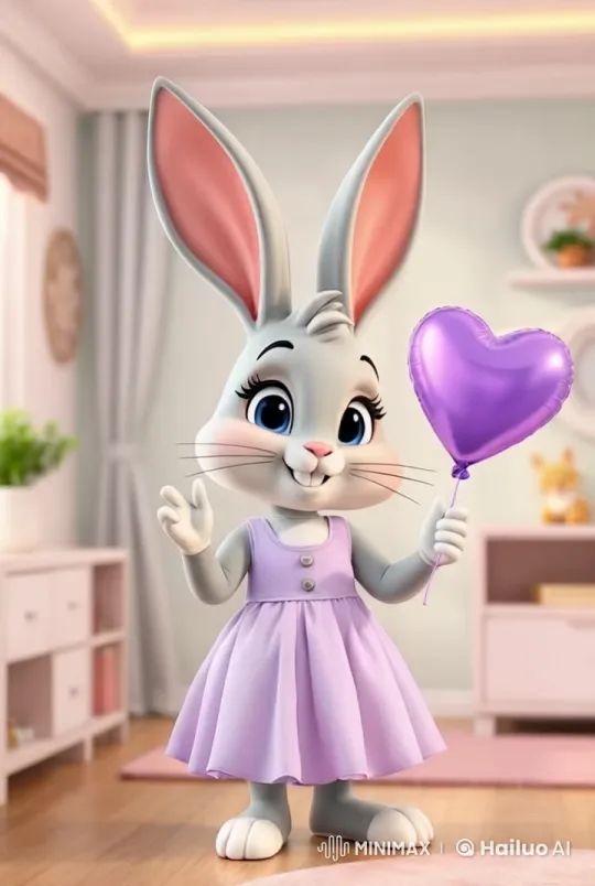 Cute Bunny Dances with Balloon, Says 'Good Day' – AI Generated Video | Hailuo AI