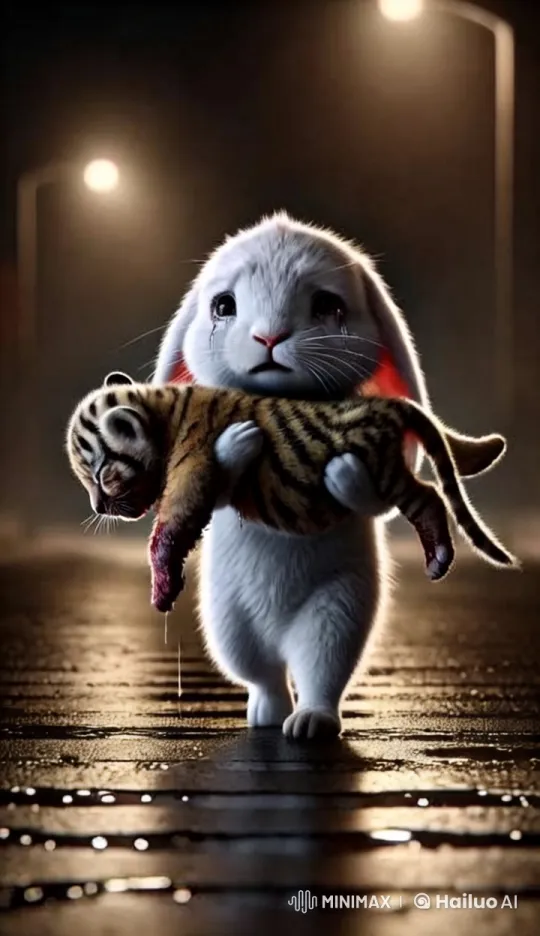 Rabbit Rescues Injured Tiger Amidst Tears and Streetlight Glow – AI Generated Video | Hailuo AI