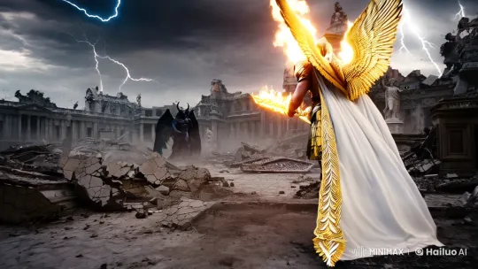Archangel Michael Battles Baphomet in Ruined Cityscape – AI Generated Video | Hailuo AI
