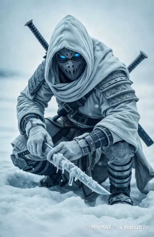 Masked Samurai in Snowy Battle Preparations – AI Generated Video | Hailuo AI