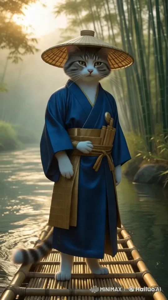Anthropomorphic Cat on Bamboo Raft: A Peaceful Journey – AI Generated Video | Hailuo AI