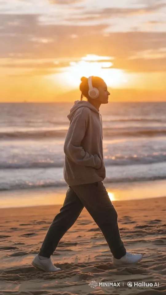 Tranquil Beach Walk: Person and Nature in Harmony – AI Generated Video | Hailuo AI