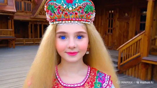 Russian Beauty in Traditional Attire Amidst 1800s Wooden Cityscape – AI Generated Video | Hailuo AI