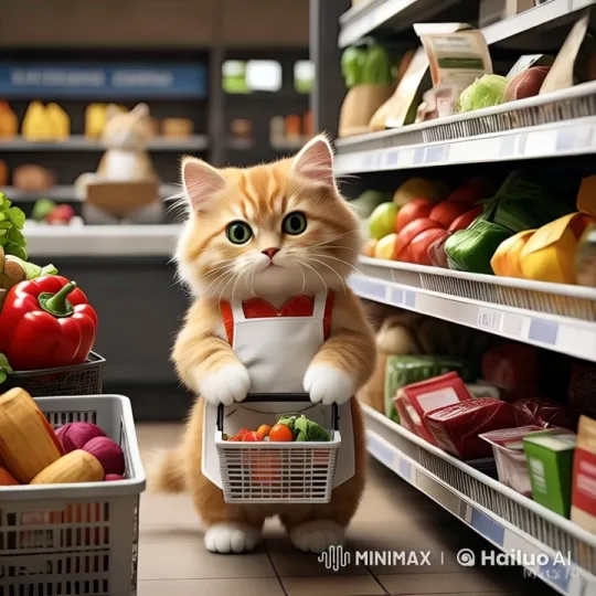Aesthetic Cooking Cat Preparing Meal in Grocery Store – AI Generated Video | Hailuo AI