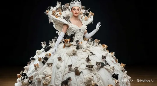 Woman in White Gown with Animals Enchants in Tracking Shot – AI Generated Video | Hailuo AI