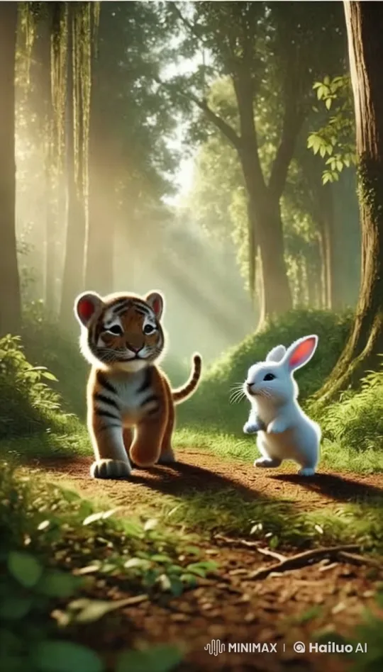 Baby Tiger and Rabbit's Joyful Walk in a Lush Forest – AI Generated Video | Hailuo AI