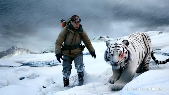 Rescue in the Snow: Man Saves Injured White Tiger – AI Generated Video | Hailuo AI