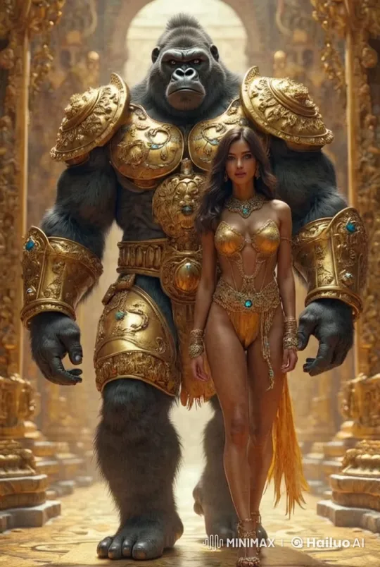Golden Gorilla and Woman Grace Temple in Opulent Harmony – AI Generated Video | Hailuo AI