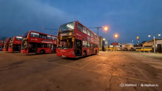 Dusk at a Neatly Lit Bus Depot with Red Double-Deckers – AI Generated Video | Hailuo AI