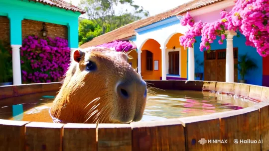 Capybara Relaxing in a Hot Tub Amidst Colorful Town – AI Generated Video | Hailuo AI