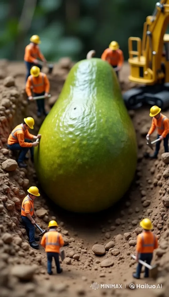 Miniature Engineers Excavate Avocado Pit in Realistic Scene – AI Generated Video | Hailuo AI
