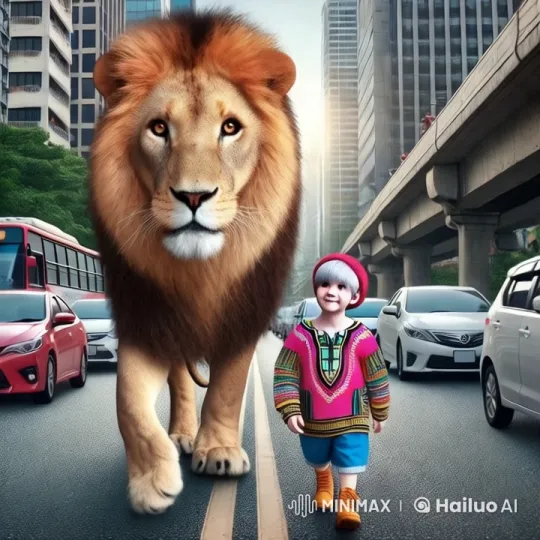 Lion and Child Walk Confidently Through Bustling City – AI Generated Video | Hailuo AI