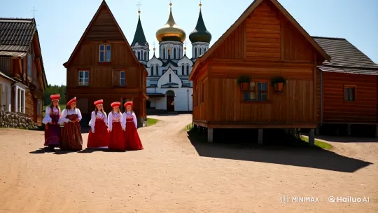 1800s Russian Town: Girls in Festive Attire Amidst Wooden Architecture – AI Generated Video | Hailuo AI