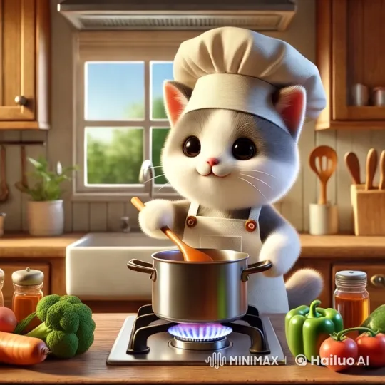 Cute Cat Chef Prepares Veggie Stew in Cozy Kitchen – AI Generated Video | Hailuo AI