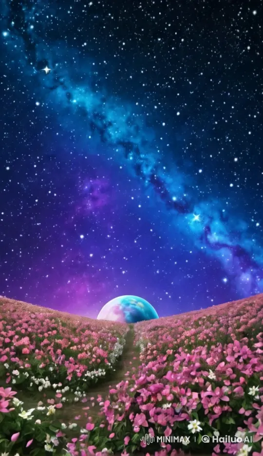 Starry Night: Enchanted Flower Field with Rising Planet – AI Generated Video | Hailuo AI