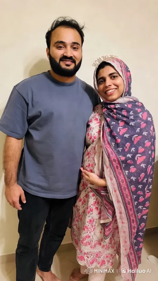 Couple in Traditional and Casual Attire Embraces Pregnancy Moment – AI Generated Video | Hailuo AI