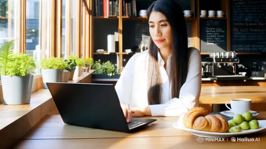 Professional Woman Working Productively in a Cozy Café – AI Generated Video | Hailuo AI