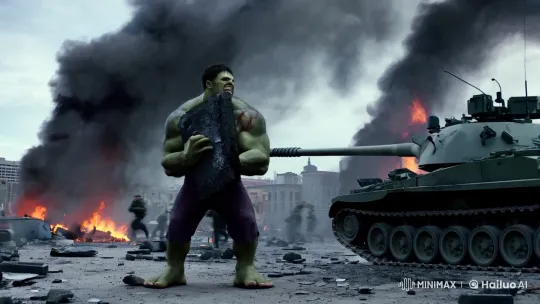 Hulk Destroys Tank Amidst Urban Chaos and Fear – AI Generated Video | Hailuo AI