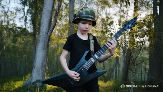 Young Boy Plays Black Metal in Forest Setting – AI Generated Video | Hailuo AI
