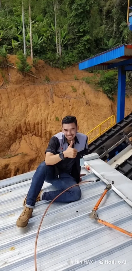 Man Smiles on Metal Surface Amidst Nature and Industry – AI Generated Video | Hailuo AI
