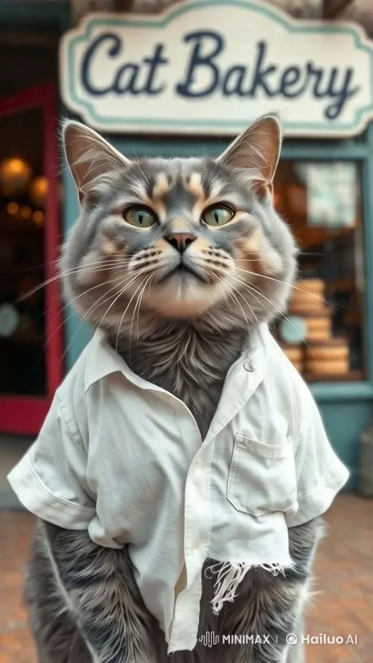 Cat in Shirt Poses at Enchanting Cat Bakery – AI Generated Video | Hailuo AI
