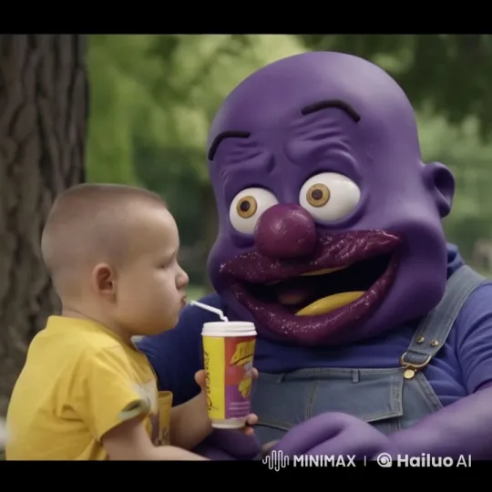 Purple Character Engages Child in Colorful Park Setting – AI Generated Video | Hailuo AI