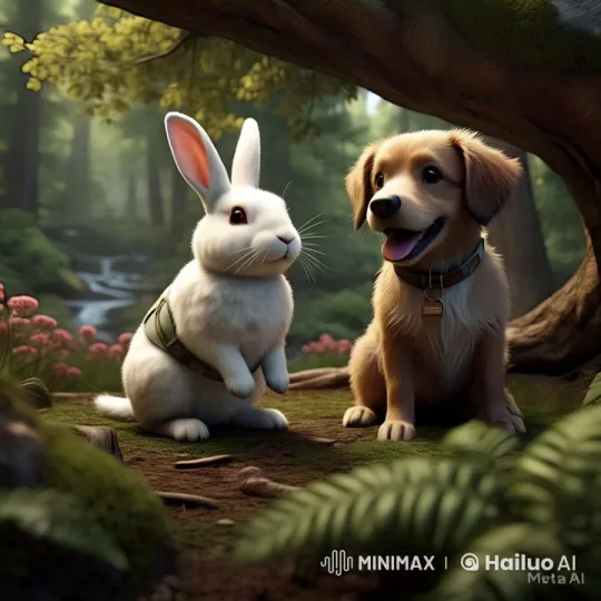 White Rabbit Administers Herbal Medicine to Grateful Dog in 8K Forest – AI Generated Video | Hailuo AI