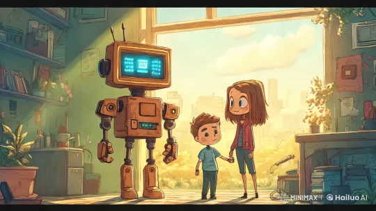 Aesthetic Robot Interaction in a Sunlit, Plant-Filled Room – AI Generated Video | Hailuo AI