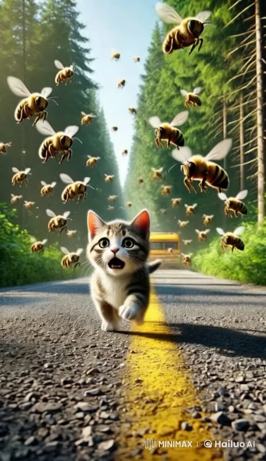 Kitten Fleeing from Swarming Bees in Realistic 3D Forest – AI Generated Video | Hailuo AI