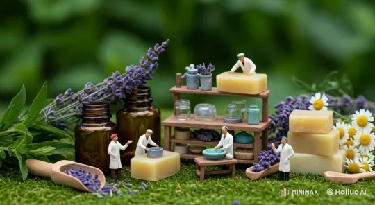 Miniature Researchers Craft Natural Soap in Serene Green Setting – AI Generated Video | Hailuo AI