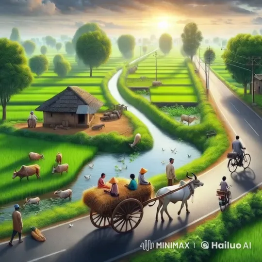 Rural Serenity: Sunrise Landscape with Farmers and Ox Cart – AI Generated Video | Hailuo AI
