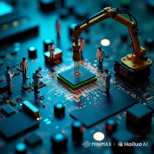 Futuristic Tech: Engineers Assemble Massive Computer Motherboard – AI Generated Video | Hailuo AI