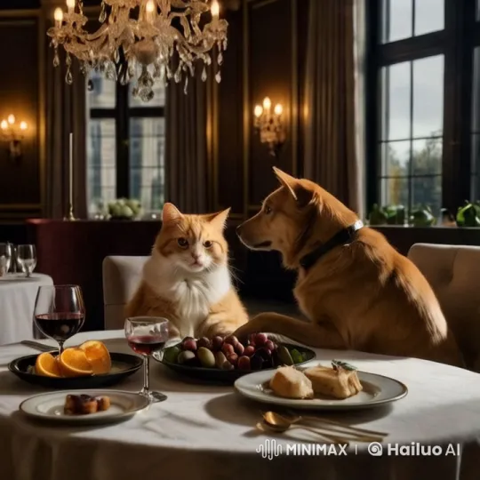 Elegant Dining Scene with Cat and Dog – AI Generated Video | Hailuo AI