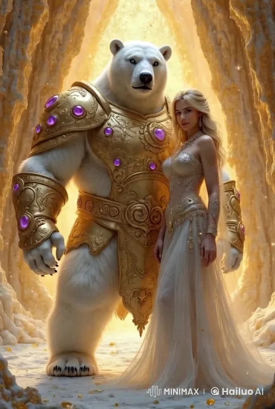 Majestic Polar Bear and Woman in Golden Temple – AI Generated Video | Hailuo AI