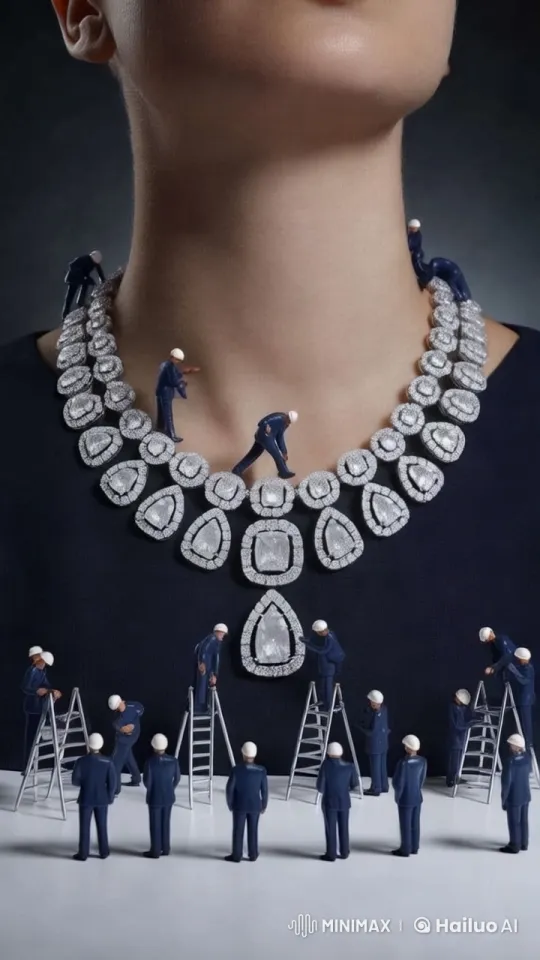 Miniature Workers Craft Diamond Necklace on Model – AI Generated Video | Hailuo AI