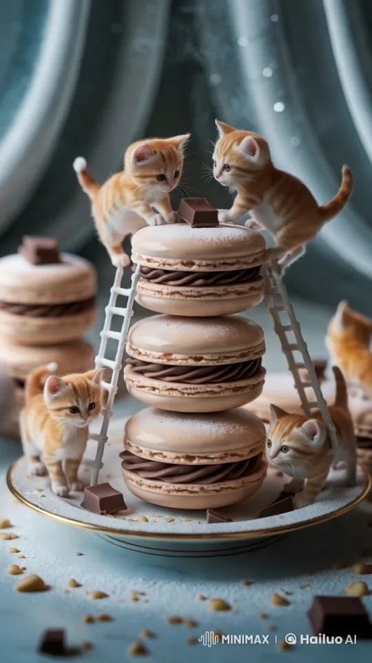 Miniature Kittens Craft Chocolate Macarons Artfully – AI Generated Video | Hailuo AI
