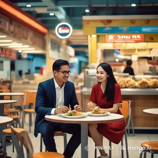 Couple Enjoying Intimate Meal in Vibrant Food Court – AI Generated Video | Hailuo AI