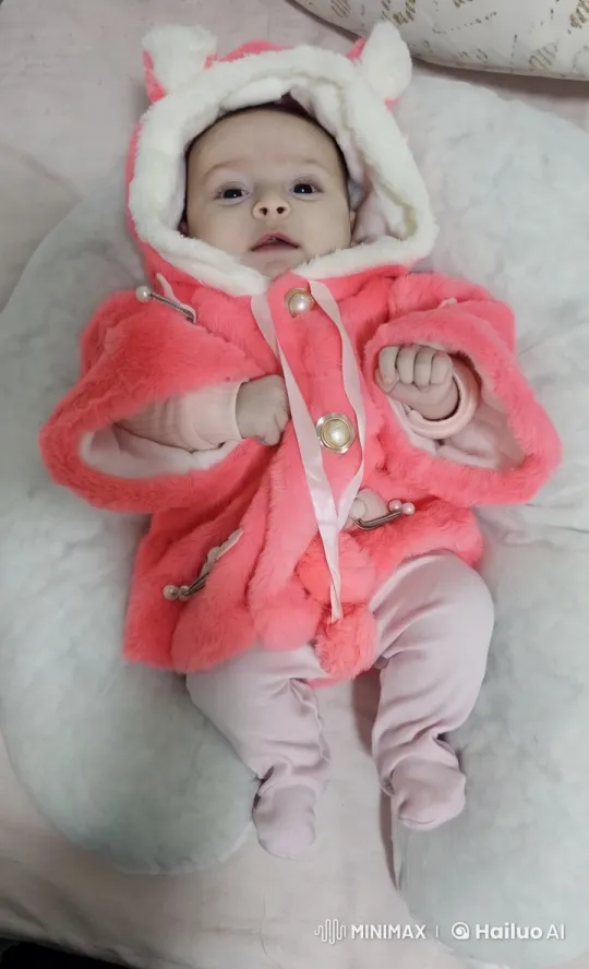 Baby in Pink Fluffy Outfit Amidst Cozy Surroundings – AI Generated Video | Hailuo AI