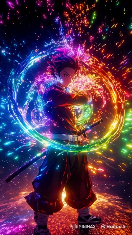 Vibrant Character Surrounded by Swirling Rainbow Energy – AI Generated Video | Hailuo AI