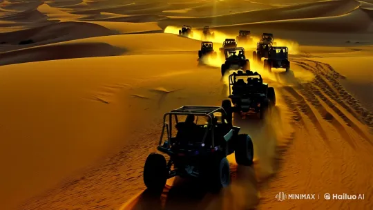 Desert Convoy: Off-Road Vehicles in Golden Sands – AI Generated Video | Hailuo AI