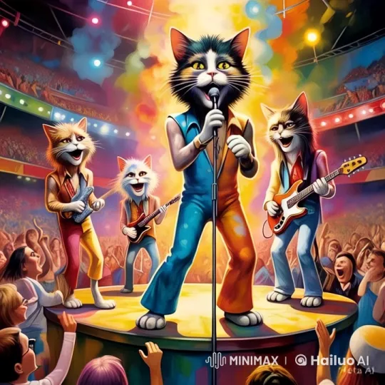 Anthropomorphic Cats Band Delivers Energetic Stage Performance – AI Generated Video | Hailuo AI
