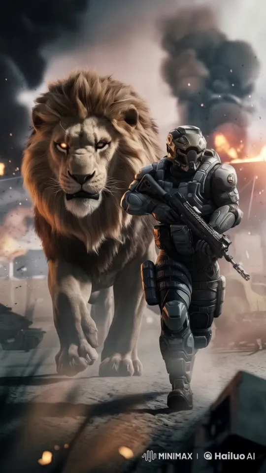 Futuristic Soldier and Lion Advance in War-Torn Epic – AI Generated Video | Hailuo AI