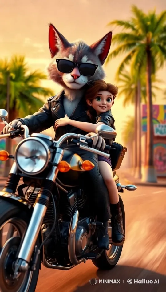 Fox-Masked Rider and Child on Vibrant Urban Street – AI Generated Video | Hailuo AI