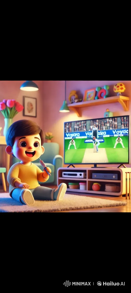 Joyful Child Watching Cricket on Vibrant Playroom TV – AI Generated Video | Hailuo AI